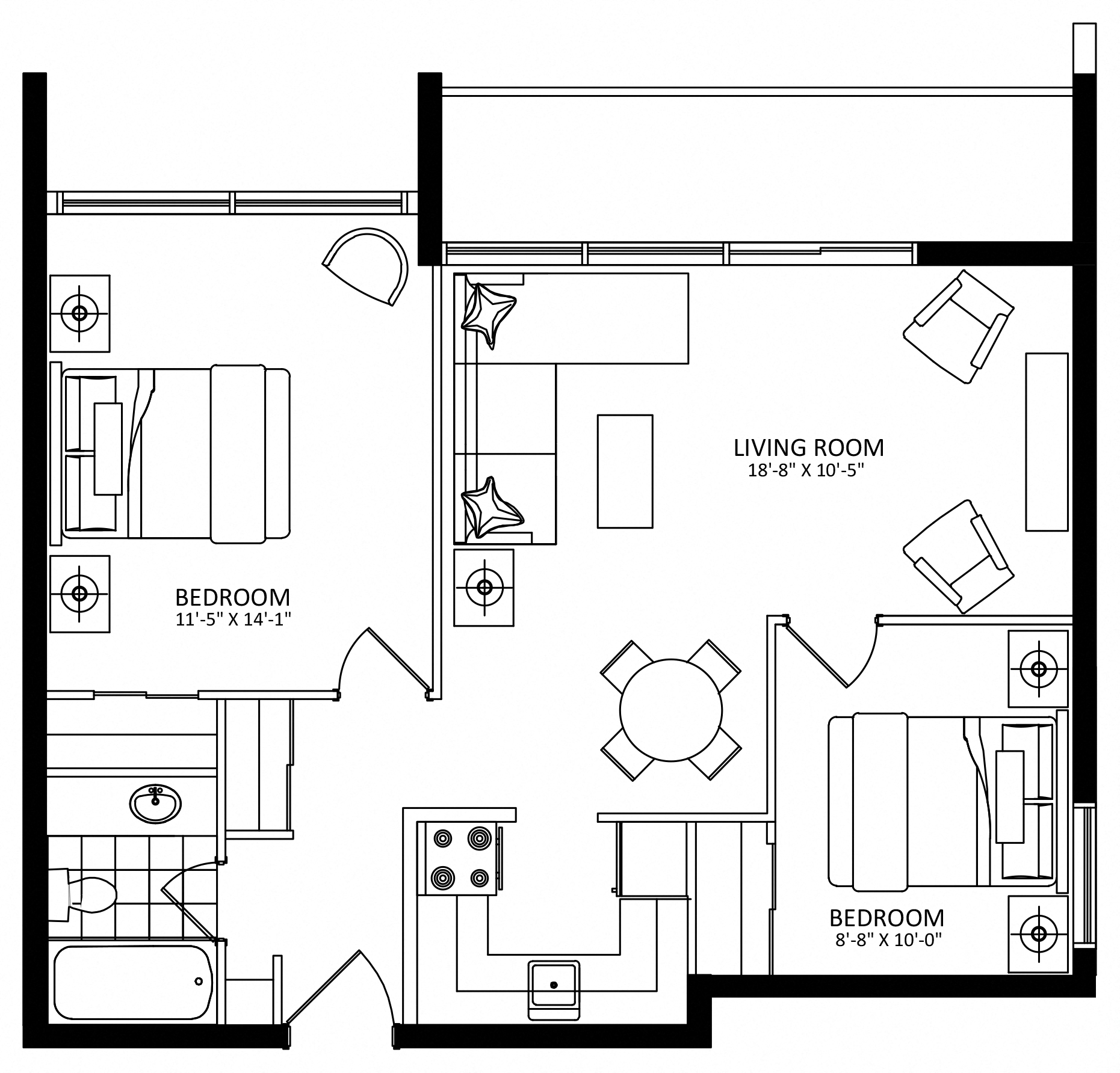 Floor plan for 2 beds, 1 bath, 749 sqft